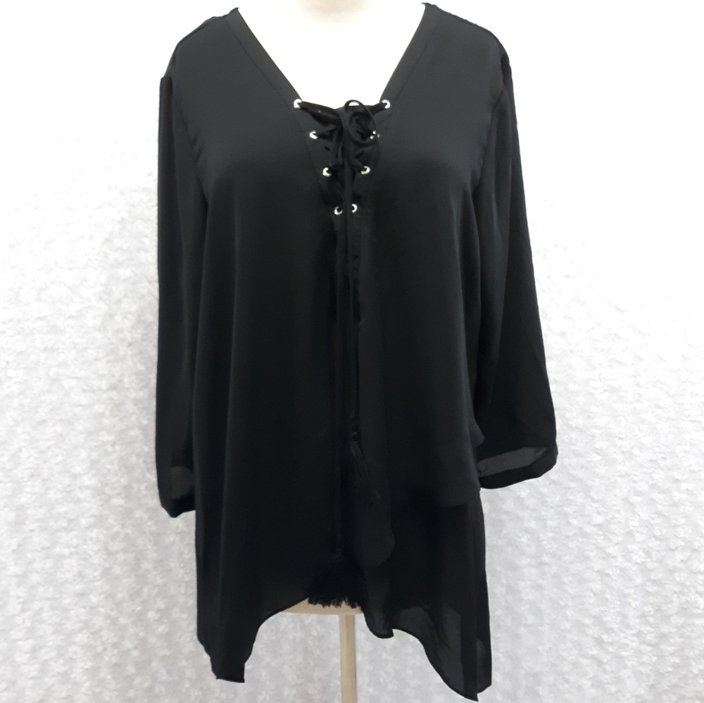 Toz & Ali Black Lace Front Assymetrical Sheer Top